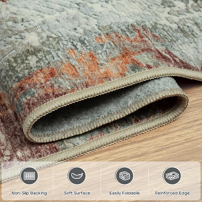 6x9 Area Rugs for Living Room Rug Washable: Modern Rug for Dining Room Bedroom Carpet Non Slip Low Pile 6 by 9 Indoor Abstract Nursery Home Office Red Brown-CubbioJoy