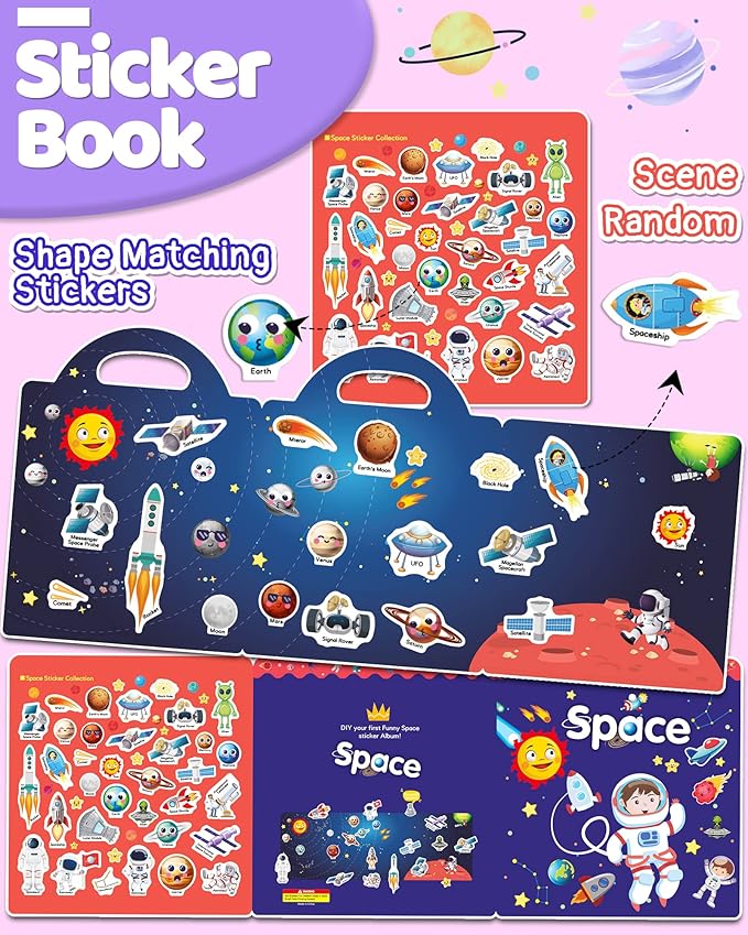 Benresive Reusable Sticker Book for Toddlers 2-4 Years, Fun Travel Stickers for Kids, Waterproof Sticker Books for Toddlers 1-3, Crafts Activities for Todddlers 1-3 2-4 3-5 - Space-CubbioJoy