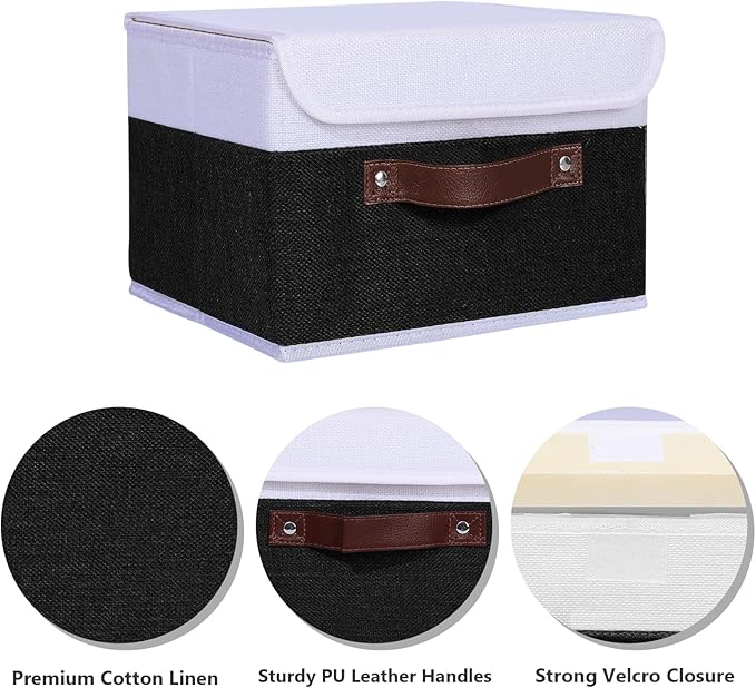 ANMINY 4PCS Storage Boxes with Lid Washable Decorative Storage Bins Basket with PU Leather Handle Foldable Linen Fabric Storage Cubes Containers for Home Closet Organizer - Black White, Small Size-CubbioJoy
