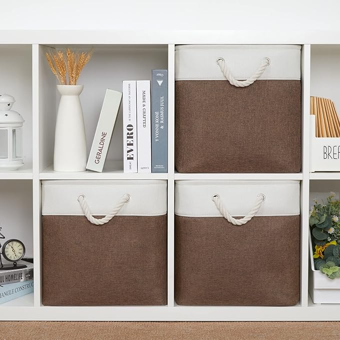Bidtakay Collapsible Rustic Cube Storage - Brown Cloth Baskets with Handles, 13x13x13 Inch, Set of 3 Fabric Storage Bins-CubbioJoy