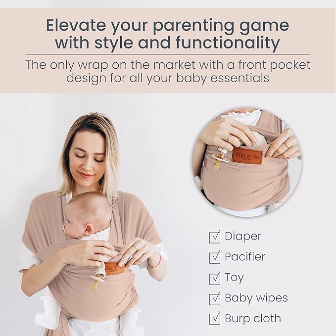 Baby Wrap Carrier - Premium Cotton Baby Carrier Wrap for Newborn to Toddler- Infant Carrier- Baby Holder One Size Fits All with Front Pocket(Beige) by Max&so-CubbioJoy
