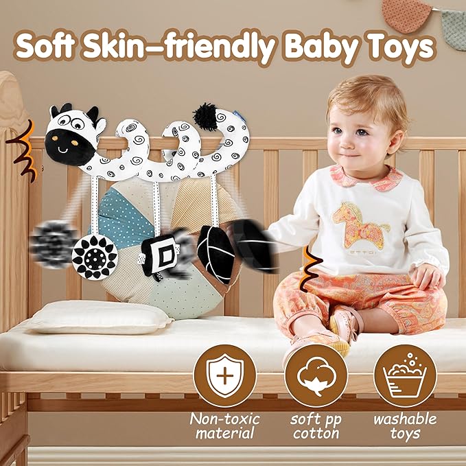 Car Seat Toys for Babies 0-6 Months,Hanging Rattle Toys for Crib Mobile, Baby Spiral Hanging Stroller Black and White High Contrast Toys for Newborn 0 3 6 9 12 Months Baby Boys Girls (Cow)-CubbioJoy