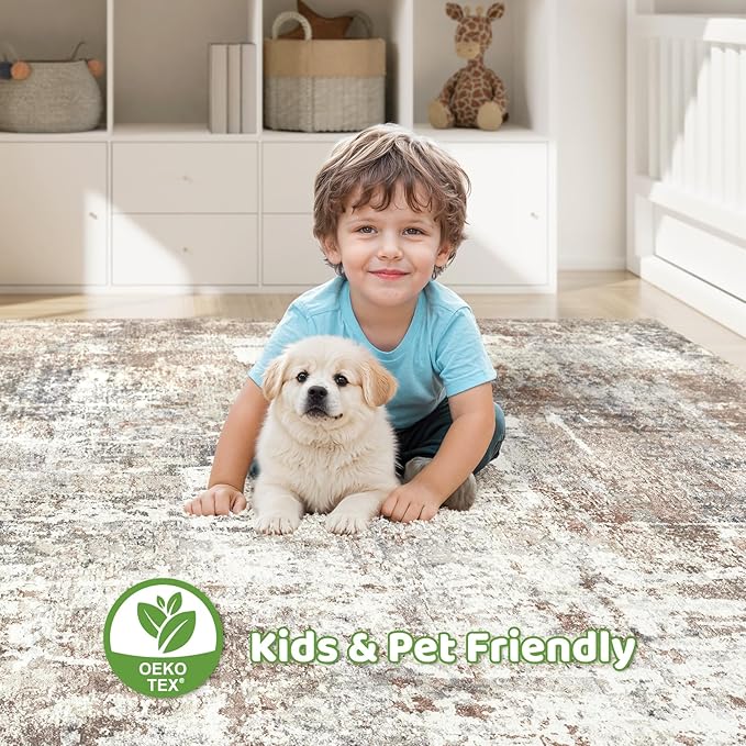 5x8 Area Rug Living Room: Machine Washable Large Abstract Modern Soft Rugs Stain Resistant Indoor Floor Non Slip Accent Carpet for Bedroom Nursery Playroom Office Dining Room Dorm Home House- Brown-CubbioJoy