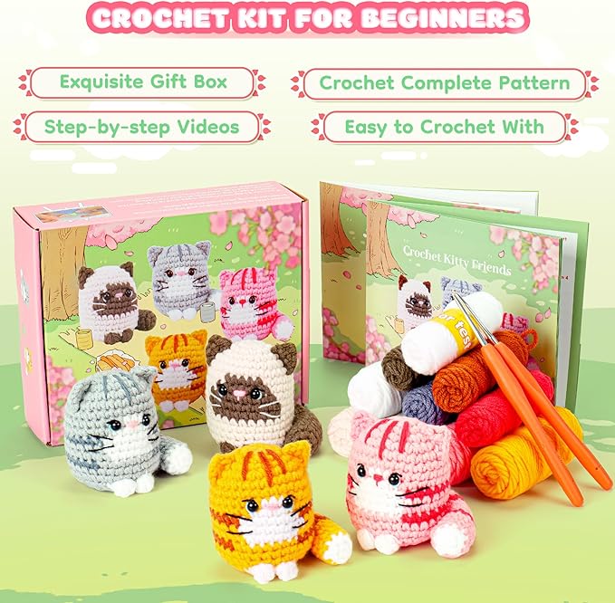 Crochet Kit for Beginners -4 PCS Cat Crochet Kit with Step-by-Step Video Tutorials, Learn to Crochet Kits for Adults and Kids, Beginner Crochet Kits for Adults, Animals Cat Crafts Knitting Kit-CubbioJoy