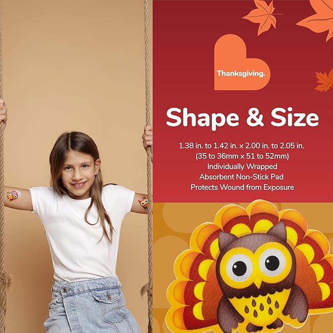 BioSwiss Bandages, Thanksgiving Shaped Self Adhesive Bandage, Latex Free Sterile Wound Care, Fun First Aid Kit Supplies for Kids and Adults, 24 Count-CubbioJoy