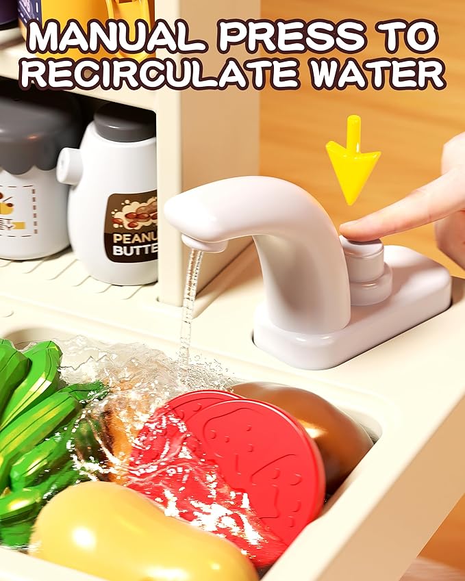 33.8IN Kids Kitchen Playset, 70PCS Kid Play Kitchen with Realistic Lights & Sounds, Spray Sink Toy Kitchen Accessories, Pretend Food Toys Kitchen for Boys Girls Toddlers(Green)-CubbioJoy