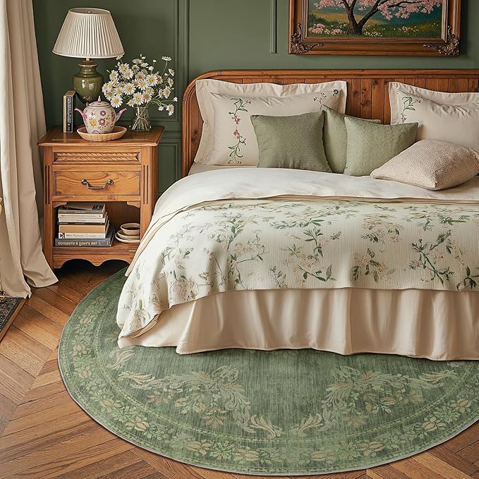 jinchan Round Rug 6ft Area Rugs Vintage Floral Distressed Design,Machine Washable Soft Non-Slip Low-Pile Ultra-Thin Circle Rug for Bedside Living Room Dining Room Bedroom (6' Round, Dark Green)-CubbioJoy