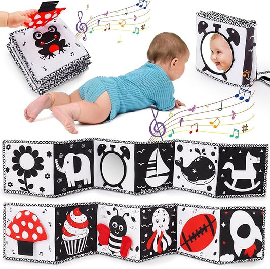 Black and White High Contrast Toys for Baby 0-3 3-6 Months Infant Tummy Time Soft Book Sensory Musical Toy 0-2-4-6 Month Babies Brain Development Montessori Crinkle Book Mirror Newborn Shower Gifts-CubbioJoy