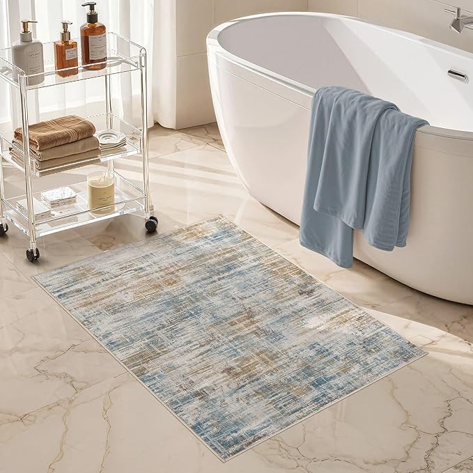 2x3 Entryway Area Rugs: Washable Neutral Abstract Small Rug Door Mat Non-Slip Soft Low Pile Indoor Carpe for Entrance Kitchen Front Door Bathroom Entry Kids Room - Blue Brown-CubbioJoy