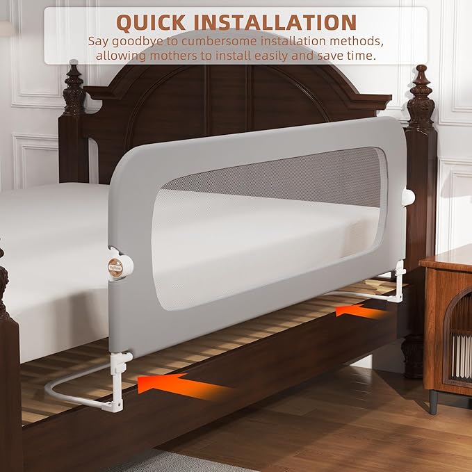 Bed Rail for Toddlers, Baby Bed Rail Guard for Kids, Toddler Bed Rails with Reinforced Anchor Fit, Height Adjustable & Foldable Bed Rail Guard for Twin, Full, Queen & King Beds (Grey, 59IN)-CubbioJoy