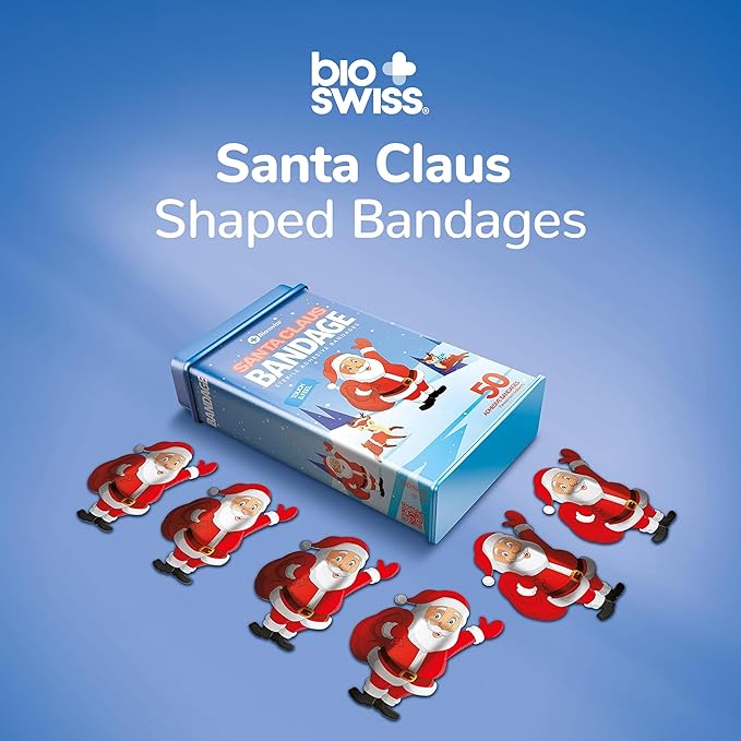 BioSwiss Bandages, Santa Claus Shaped Self Adhesive Bandage, Latex Free Sterile Wound Care, Fun First Aid Kit Supplies for Kids, 50 Count-CubbioJoy