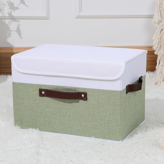 ANMINY Storage Boxes with Lids Washable Decorative Storage Bins Basket with PU Leather Handle Foldable Linen Fabric Storage Cubes Containers for Home Closet Organizer - Green White, Large Size-CubbioJoy