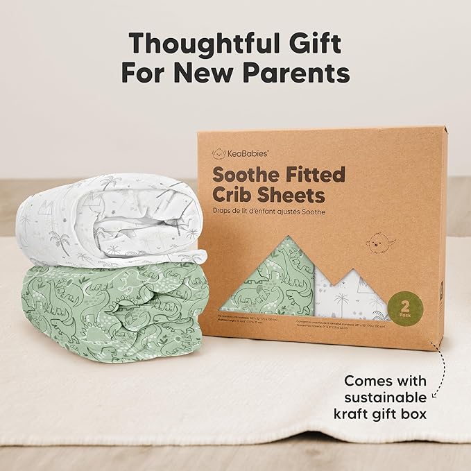 KeaBabies 2-Pack Organic Crib Sheets for Boys, Girls - 52x28 Fitted Crib Mattress Sheet Neutral, Breathable Jersey Cotton Cover for Baby Bed, Toddler Mattress, Soft & Cute Prints (DinoDood)-CubbioJoy