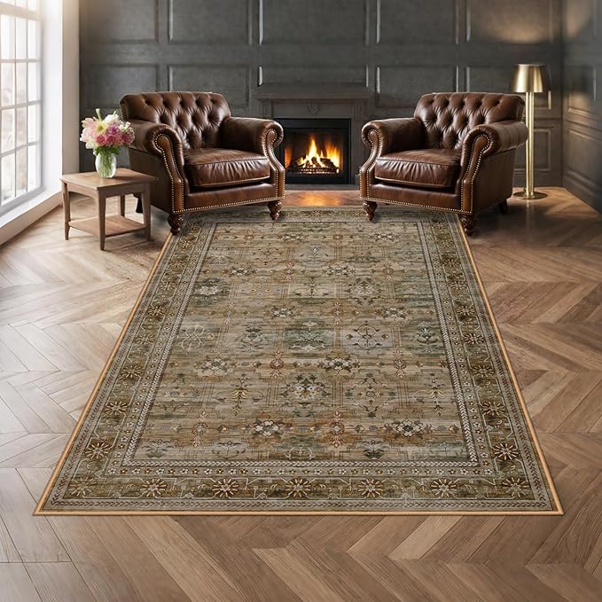 4x6 Area Rug for Bedroom Machine Washable, Non Slip Vintage Floral Kitchen Rugs for Dining Room, Low Pile Indoor Floor Print Carpet for Nursery Farmhouse Home Office Olive/Charcoal-CubbioJoy