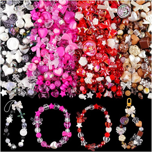 Assorted 180-240PCS Acrylic Beads for Bracelet Making, Bow Butterfly Candy Heart Gummy Bear Kawaii Aesthetic Bracelet Charms,Cute Beads for Jewelry Making DIY Necklace Keychain Phone Charm-CubbioJoy