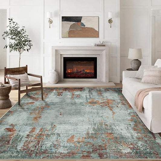 8x10 Area Rugs for Living Room Rug Washable: Modern Large Rug for Dining Room Bedroom Carpet Non Slip 8 by 10 Indoor Abstract Nursery Home Office Red Brown-CubbioJoy