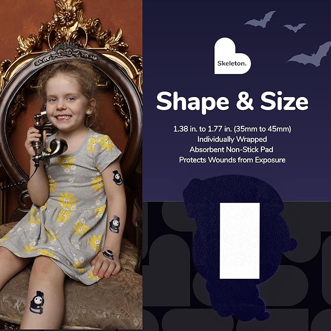 BioSwiss Bandages, Halloween Skeleton Shaped Self Adhesive Bandage, Latex Free Sterile Wound Care, Fun First Aid Kit Supplies for Kids, 50 Count-CubbioJoy