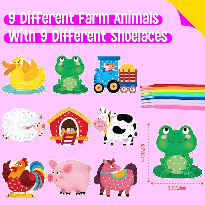 9 PCS Farm Theme Lacing Cards, 9 Double Sided Sewing Cards with 9 Colorful Laces, Imagination Development Lacing Toys Educational and Learning Activity for Preschoolers, Kids-CubbioJoy