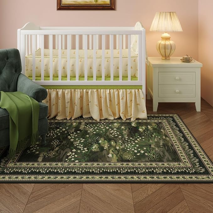 5x7 Area Rugs Impressionist-Style Vintage Washable Area Rug Non Slip Low Pile Large Rugs for Living Room Bedroom Farmhouse Dining Room Kids Playroom, Green-CubbioJoy