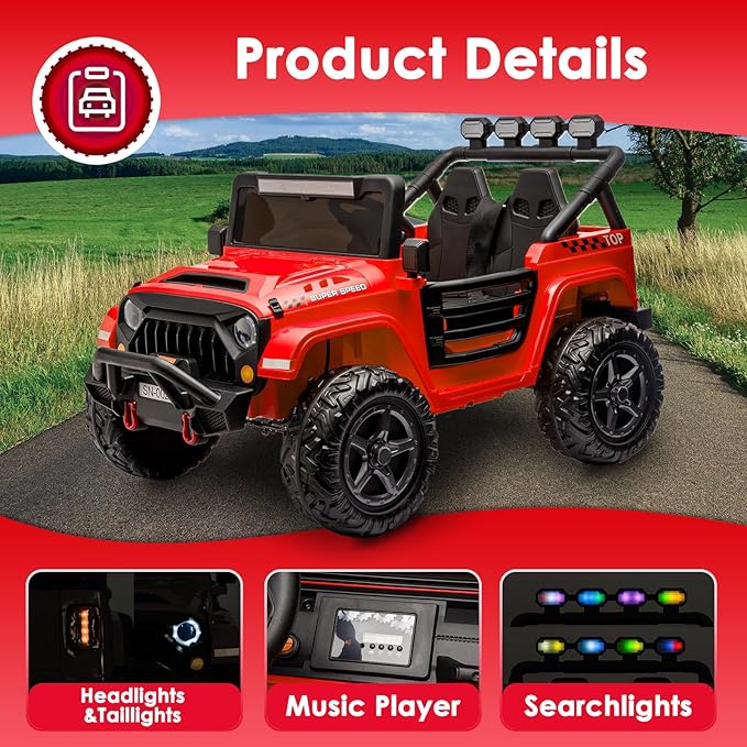 24V 2 Seater Ride On Truck with Remote Control 4WD Electric Car for Kids Ride On Car Battery Powered Ride On Toy Car with Music Player, LED Lights, Bluetooth, Rear Shock Absorber, Red-CubbioJoy