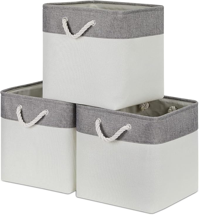 Bidtakay Fabric White Baskets for Shelves Set of 3 Cube Storage Large Organizer Bins 13x13 Closet Storage Bins for Home Office Nursery Collapsible Storage Bins for Organization-CubbioJoy