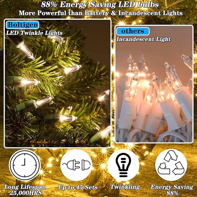 60 LED Warm White Twinkle Christmas String Lights Plug in, 15 of 60 Lights Twinkle,Connect up to 45 Sets,UL Certified 22 Ft Mini Twinkling Christmas Tree Lights,Indoor Outdoor Use-CubbioJoy