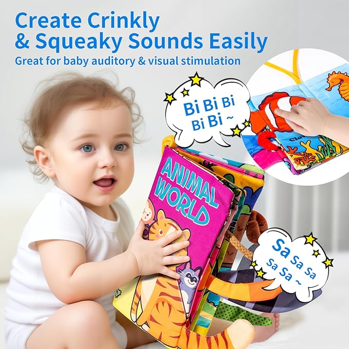 Baby Books 0-6 Months, 2PCS Crinkle Books for Babies, Touch and Feel Sensory Cloth Book 6-12 Months, Tummy Time Toys, Baby Toys for Newborn 6 Page Pink-CubbioJoy