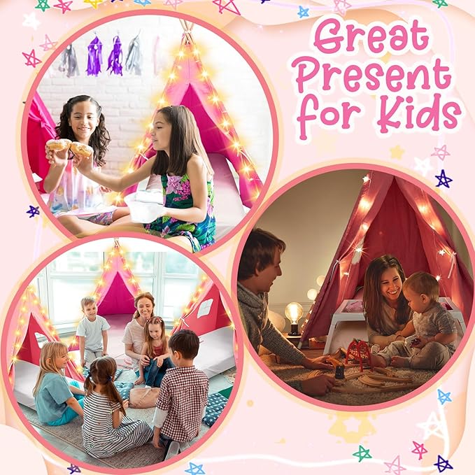 6 Pack Sleepovers Teepee Tent for Kids Bulk with Mattress Sheet Light,Natural Cotton Washable Indoor Play Tent for Birthday Slumber Party Girls Boys Pajama Movie Night Supplies(Pink, Rose Red)-CubbioJoy