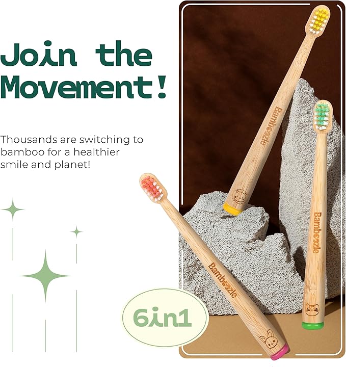 Bamboozle Eco-Friendly Animal Toothbrushes for Kids - Sustainable Bamboo Design, Biodegradable & Stylish Oral Care Solution, Animal Design, Pack of 6-CubbioJoy