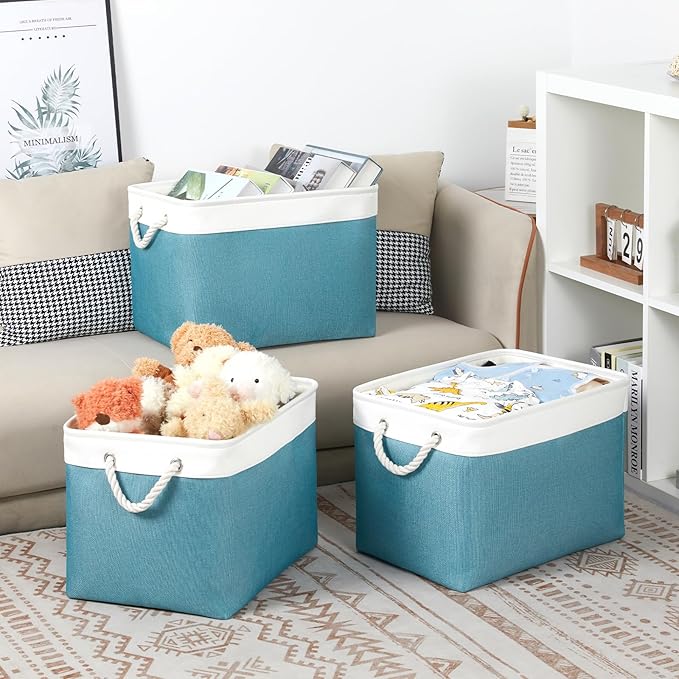 Bidtakay Large Storage Baskets for Shelves 3 Pack 16x11.8x11.8 Inch Storage Bins for Organizing Fabric Storage Cubes for Closet Clothes Basket Laundry-White&Teal-CubbioJoy