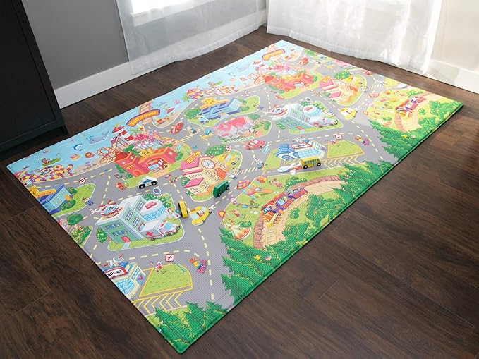 Baby Care Play Mat (Large, Playful - Zoo Town) 82'' x 55'' Original One-Piece Reversible Rollable Waterproof Play Mat for Infants, Babies, Toddler, and Kids-CubbioJoy