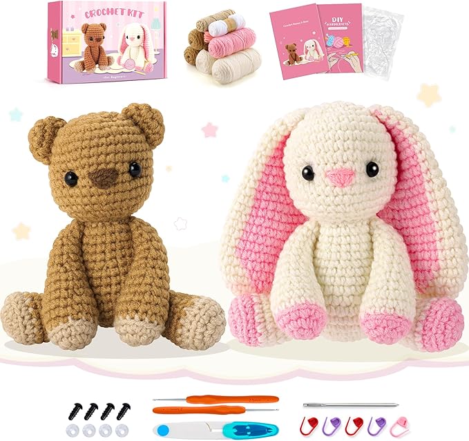 Crochet Kit for Beginners, Bunny and Bear Crochet Animal Kit with Step-by-Step Video Tutorials, Crocheting Kit for Starters, Beginner Crochet Kit for Kids and Adults, DIY Stuffed Animal Knitting Kit-CubbioJoy