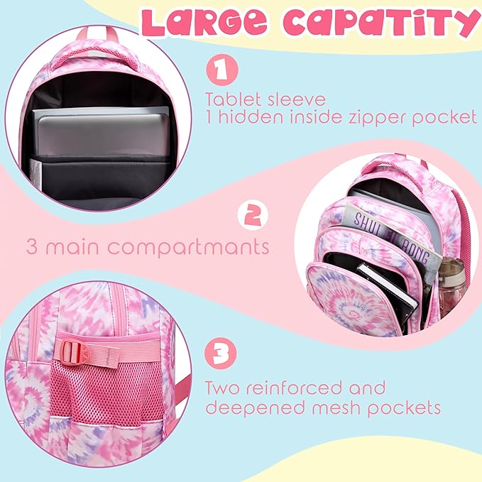 BLUEFAIRY Kids Backpack for Girls Elementary Primary Middle School Bags for Aged 8-10 for Teens Childs Bookbags Back to School Book Bags Gifts Mochilas para Niñas de 6 7 8 9 10 Años Tie-dye Pink-CubbioJoy