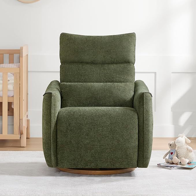 CHITA Swivel Rocker Recliner Chair, Power Nursery Glider Recliner, Nursery Rocking Chair with Adjustable Power Headrest, FSC Certified, Solid Wood Base, Moss Green-CubbioJoy