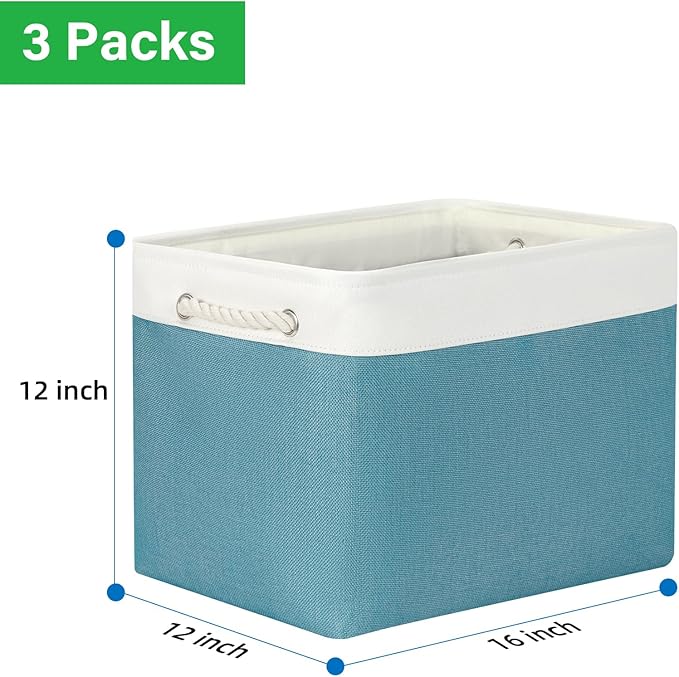 Bidtakay Large Storage Baskets for Shelves 3 Pack 16x11.8x11.8 Inch Storage Bins for Organizing Fabric Storage Cubes for Closet Clothes Basket Laundry-White&Teal-CubbioJoy