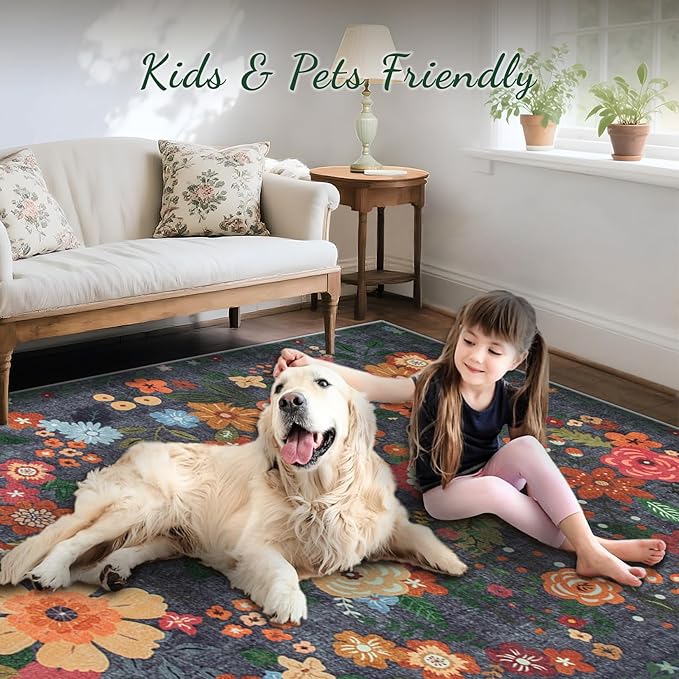 9x12 Area Rug for Living Room: Vintage Floral Washable Rug Soft Boho Non Slip Carpet Large Indoor Floor Non Shedding Low Pile Thin Carpets for Bedroom Dining Room Farmhouse Nursery Home Office Black-CubbioJoy