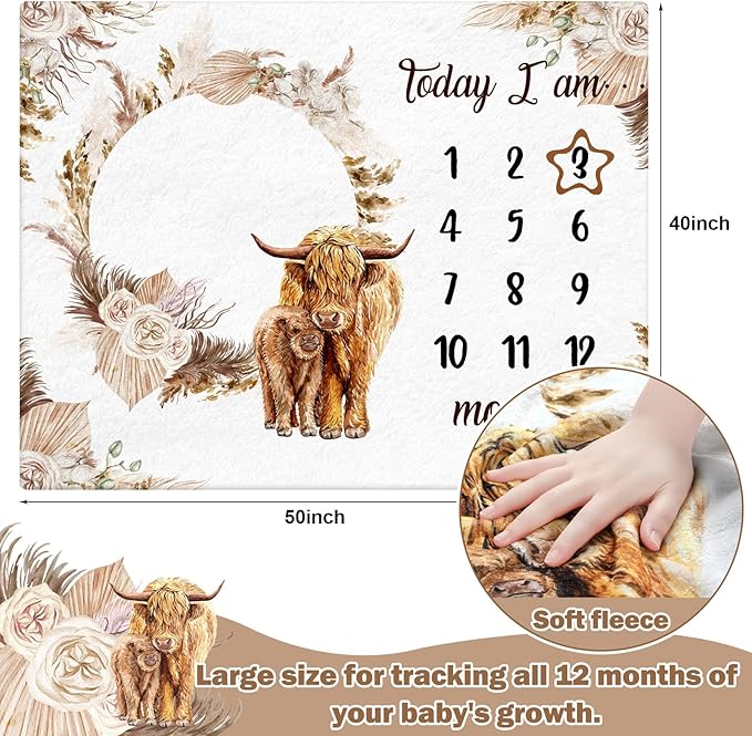 Boho Floral Baby Monthly Milestone Blanket Neutral Bohemian Photo Prop Blanket Personalized Highland Cow Baby Present Pampas Grass Ideas for Newborn Nursery Decor (Brown, Highland Cow)-CubbioJoy