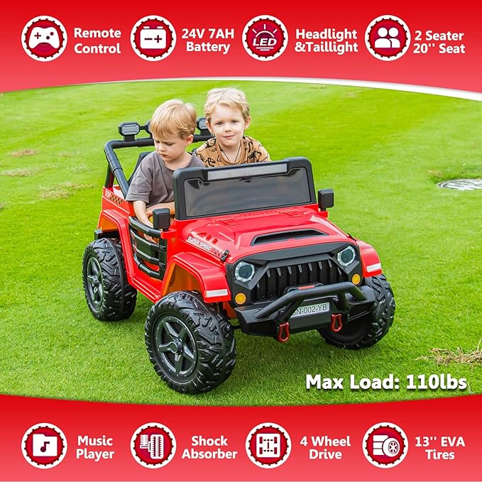 24V 2 Seater Ride On Truck with Remote Control 4WD Electric Car for Kids Ride On Car Battery Powered Ride On Toy Car with Music Player, LED Lights, Bluetooth, Rear Shock Absorber, Red-CubbioJoy