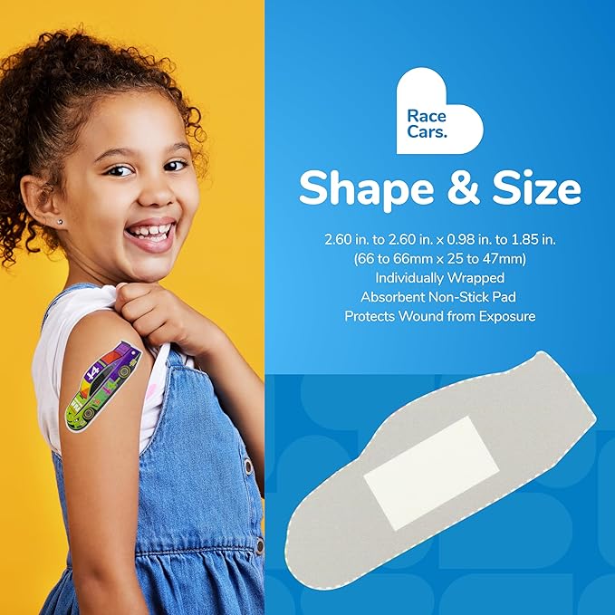 BioSwiss Bandages, Race Cars Shaped Self Adhesive Bandage, Latex Free Sterile Wound Care, Fun First Aid Kit Supplies for Kids and Adults, 24 Count-CubbioJoy