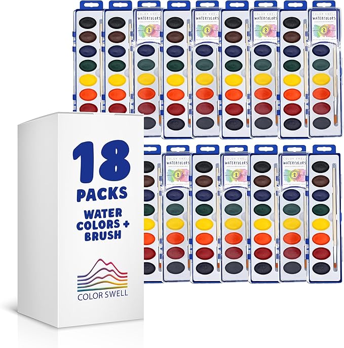 Color Swell Washable Bulk Watercolors, 18 pack, 8 Colors, Wood Brush, Classroom Bulk Pack - Bulk Watercolors-CubbioJoy