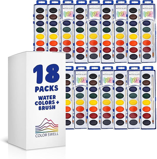 Color Swell Washable Bulk Watercolors, 18 pack, 8 Colors, Wood Brush, Classroom Bulk Pack - Bulk Watercolors-CubbioJoy