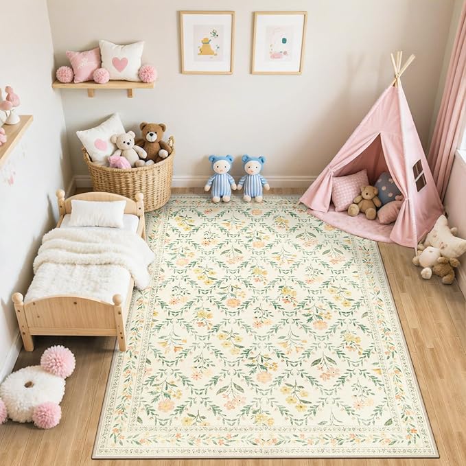 Area Rug Living Room Rugs: Floral 4x6 Washable Rug Vintage Soft Boho Non-Slip Carpet Stain Resistant Large Carpets for Bedroom Dining Room Farmhouse Nursery Hallway Home Office Beige/Multi-CubbioJoy