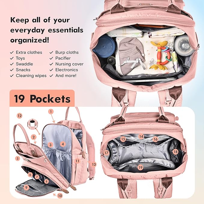 Dikaslon Diaper Bag Backpack with Portable Changing Pad, Pacifier Case and Stroller Straps, Large Unisex Baby Bags for Boys Girls, Multipurpose Travel Back Pack Moms Dads, Pink-CubbioJoy