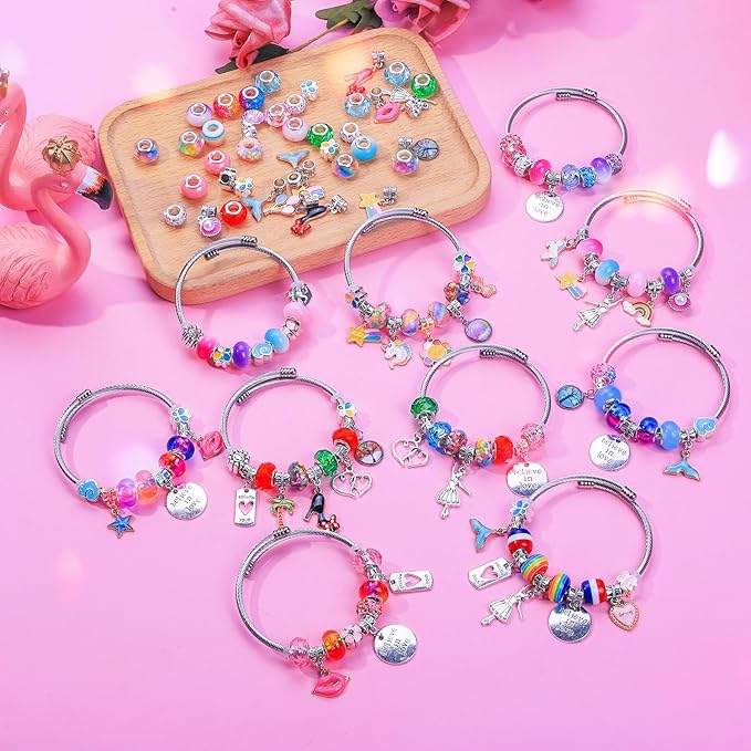 AIPRIDY 208 Pieces Charm Bracelet Making Kit,Unicorn Mermaid Crafts Gifts Set Can Inspires Imagination and Creativity,Jewelry Making Kit Perfect Gifts for Girls 5-12 Years Old (Pink+Aqua Unicorn)-CubbioJoy