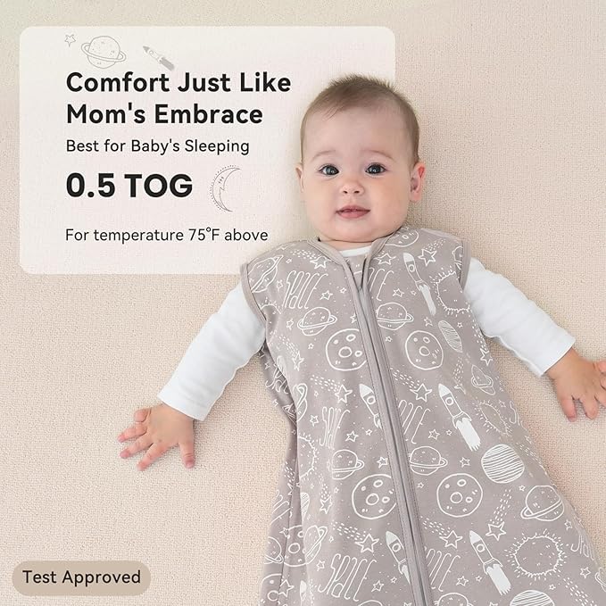 Baby Sleep Sack 0-6 Months 3 Pack 100% Cotton Lightweight 0.5 TOG Wearable Blanket Baby Sleep Bag with 2-Way Zipper for Newborn Infant White Gray Blue Space-CubbioJoy