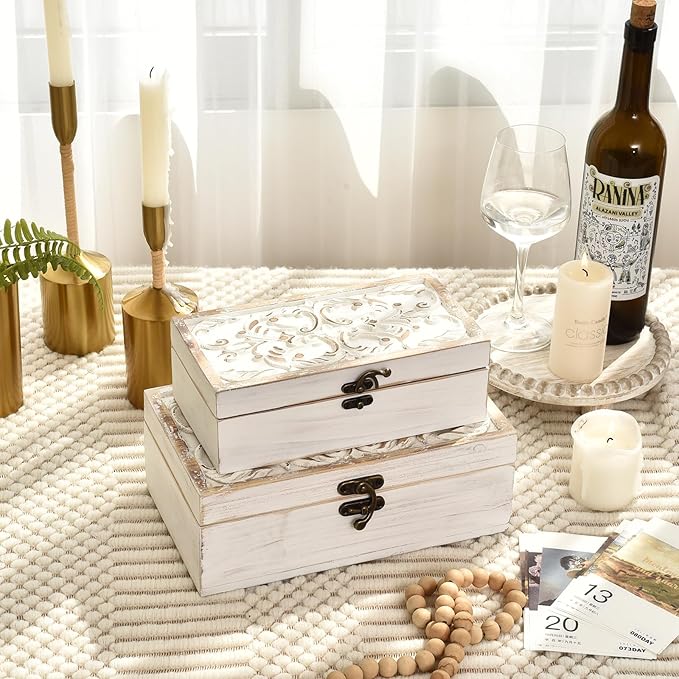 Decorative Wooden Box with Hinged Lid - Timeless Carved Floral Storage for Rustic Farmhouse Decor, Set of 2, White-CubbioJoy