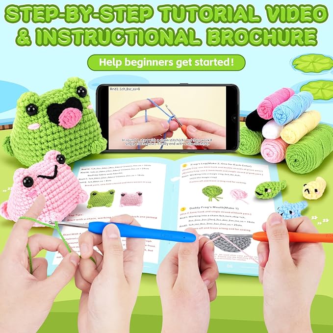 Crochet Kit for Beginners - Frog Family Crochet Kits with Step-by-Step Video Tutorials, Beginner Crochet Kit for Adults and Kids, 2 PCS Frogs and 3 PCS Tadpoles Crocheting Set-CubbioJoy