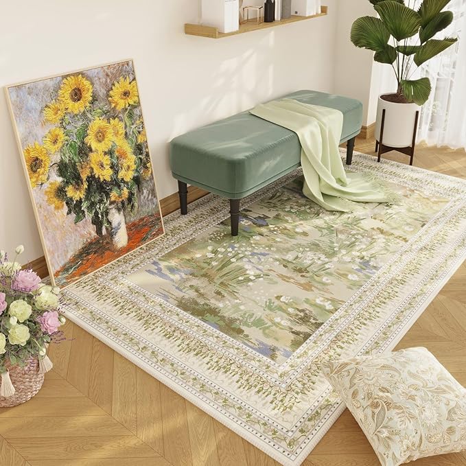 3x5 Washable Rug Impressionist-Style Vintage Non Slip Low Pile Small Carpet for Bedroom Bedside Kitchen Entryway Kids Room Office College Dorm Essentials for Girls, Beige-CubbioJoy