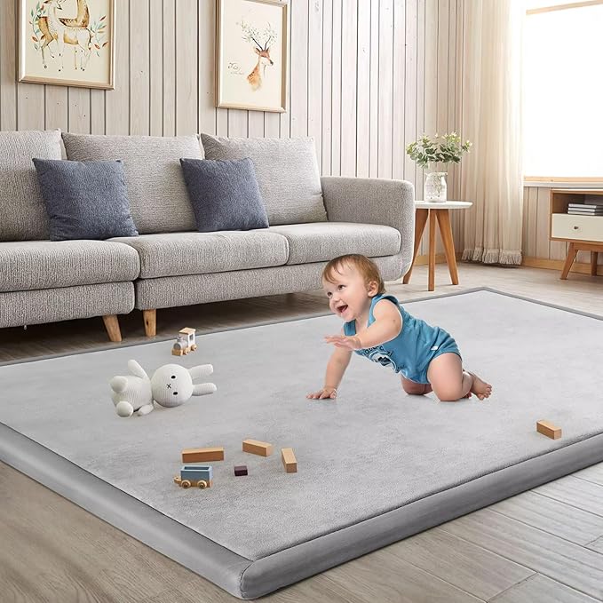 Baby Play Mat for Floor Tummy Time Nursery Rug Muscle Area Playroom Rug Tatami Mat 13'1"x6'7" Memory Foam 1.3" Thick Crawling for Babies,Toddlers, Infants, Kids(Light Gray)-CubbioJoy