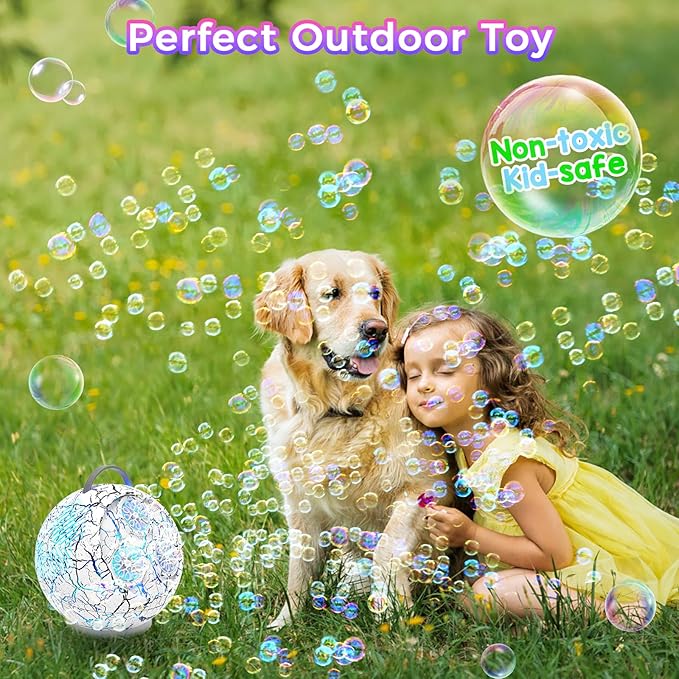 Bubble Machine Automatic Bubble Blower for Kids Toddlers Rechargeable Portable Spherical LED Bubble Maker Electric Auto Rotating 45°/360° Outdoor Toy Birthday Party Wedding (Spherical Crackle White)-CubbioJoy